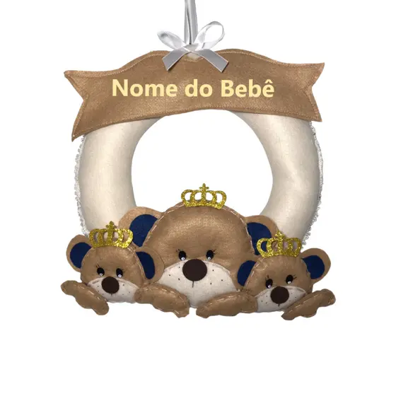 Guirlanda Ursinho Príncipe Enfeite de Porta Em Feltro Artesanal Bebê Menino Personalizada