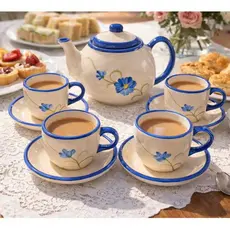 Kit Jogo de Chá ou Café Bule Chaleira de 600ml e 4 Xícaras de 100ml Cerâmica Mesa Posta