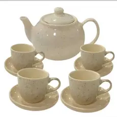 Kit Jogo de Chá ou Café Bule Chaleira de 600ml e 4 Xícaras de 100ml Cerâmica Mesa Posta