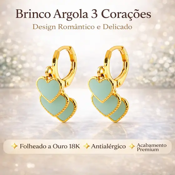 Brinco Argola 3 Corações Design Romântico Folheado Ouro 18K Antialérgico