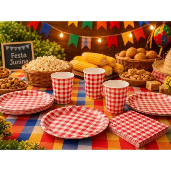 KIT Completo Festa Junina Descartáveis Xadrez Vermelho Copo Prato Guardanapo Decoração Mesa Aniversário Papel Pic Nic
