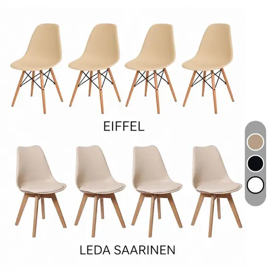 Kit 4 Cadeiras Eames Leda Eiffel Estofada e Sem Estofado Com Base de Madeira Jantar Charles Eames Saarinen