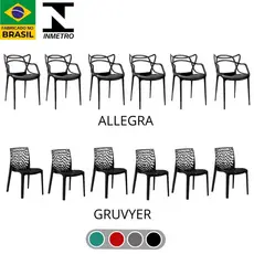 Kit 6 Cadeiras de Jantar Allegra Gruvyer Preta Moderna Resistente com proteção UV Cozinha Jardim e Área Gourmet Igreja