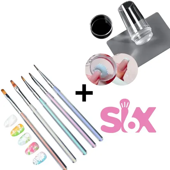Carimbo de Unha Transparente + Kit 5 Pincéis Para Unhas Nail Art