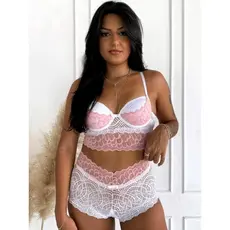 Conjunto Renda Bicolor Com Bojo Calcinha Calesson Com Laço