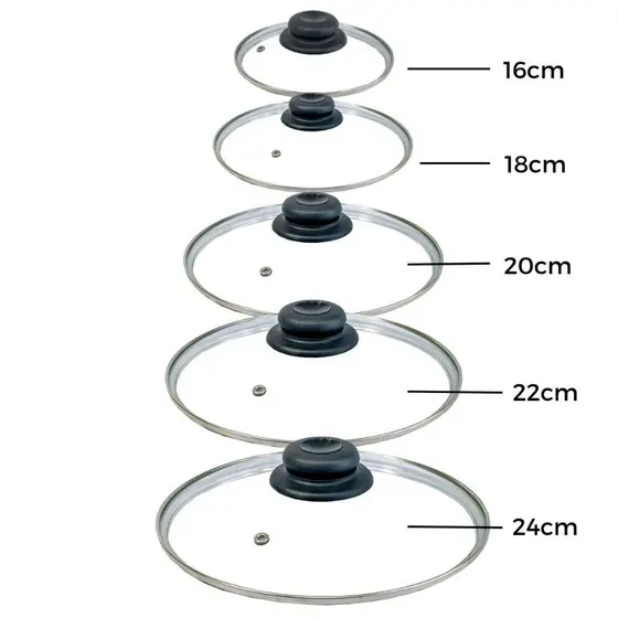 Jogo 5 Tampas De Vidro 16 Cm 18 Cm 20 Cm 22cm 24 Cm