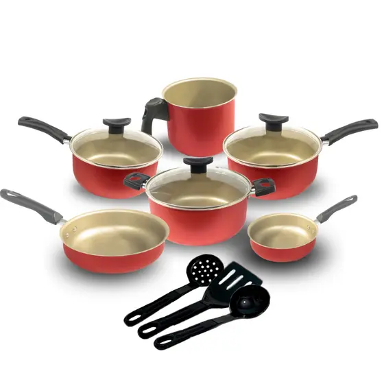 Jogo de Panelas Kit 9 Pçs Antiaderente Tampa Vidro Teflon