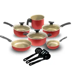 Jogo de Panelas Kit 9 Pçs Antiaderente Tampa Vidro Teflon