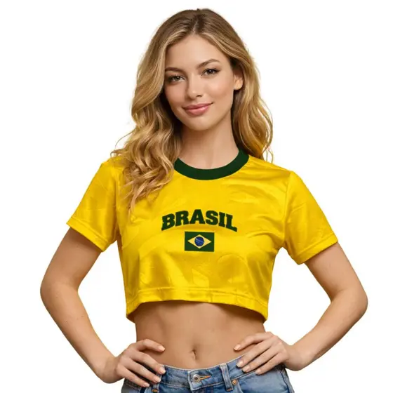 Regata Feminina Estilosa Copa do Mundo Brasil Malha Dry Elastano Cropeed  Brasil