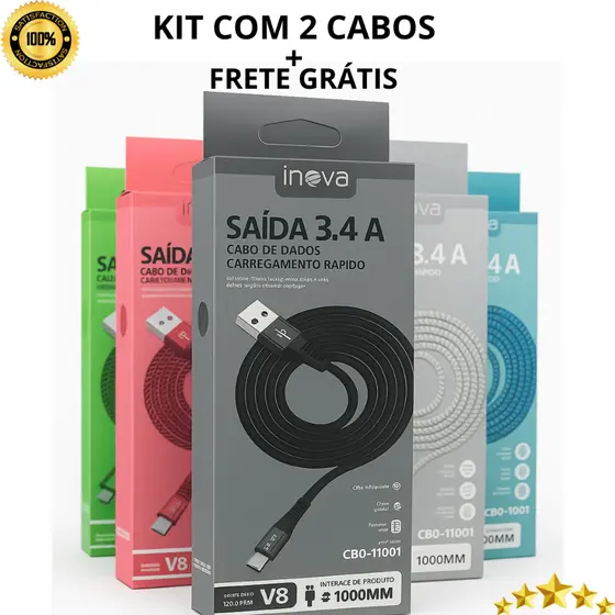 2 Cabos V8 Inova 3.4A – Nylon Reforçado, Carregamento Rápido para Celulares e Controles de PS4 Cabo Android V8 Micro USB