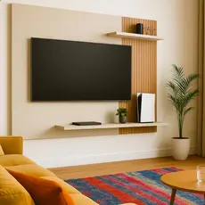 Painel Para Tv 50 Polegadas Estante Sala Quarto Ripado Rack Flutuante Nichos Painel Suspenso Preto