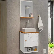 Gabinete Banheiro com Cuba de Mármore Kit Completo Suspenso Armario e Espelho Incluso 45x38 cm MDP