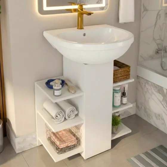 *PROMOÇÃO* Armário Para Pia de Coluna de Banheiro Gabinete Com Rodinha e Nicho Branco Flex S Cuba