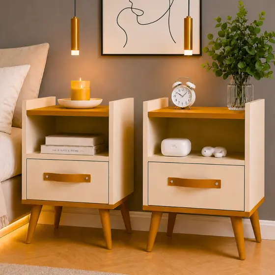 Kit 2 Mesa De Cabeceira Para Quarto Com Pés e Gaveta Com Nicho Criado Com 2 Unidades Mesinha p Canto