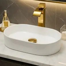 *PROMOÇÃO* Pia Para Banheiro Cuba de Apoio 42cm Lavabo Retangular Mármore Sintético Branca Sobrepor