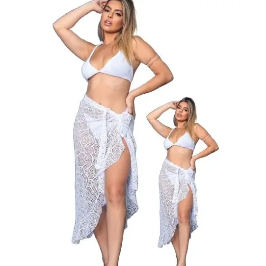 Saída Pareô longo  Renda Arrastão Moda verão Com Babado/saída de praia/verao