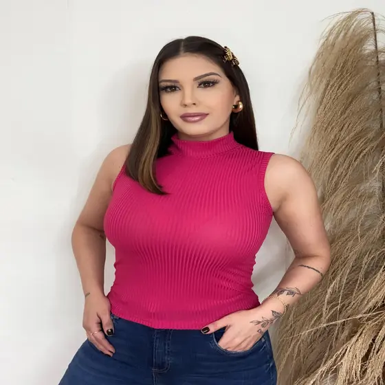 Blusa Feminina Gola Alta Malha Canelada Várias Cores