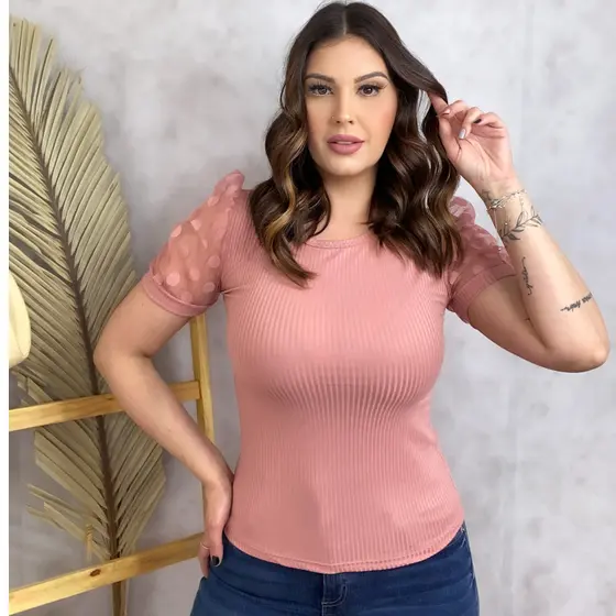 BLUSA Feminina Malha Canelada Manga curta tule/feminina/verão/blusa