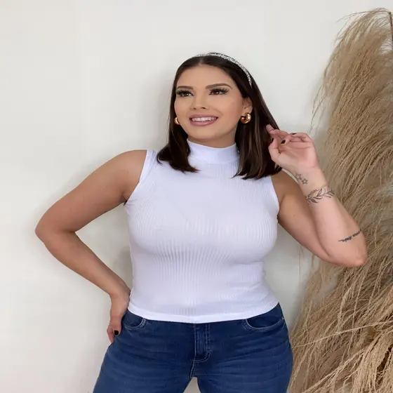 Blusa Feminina Gola Alta Malha Canelada Várias Cores