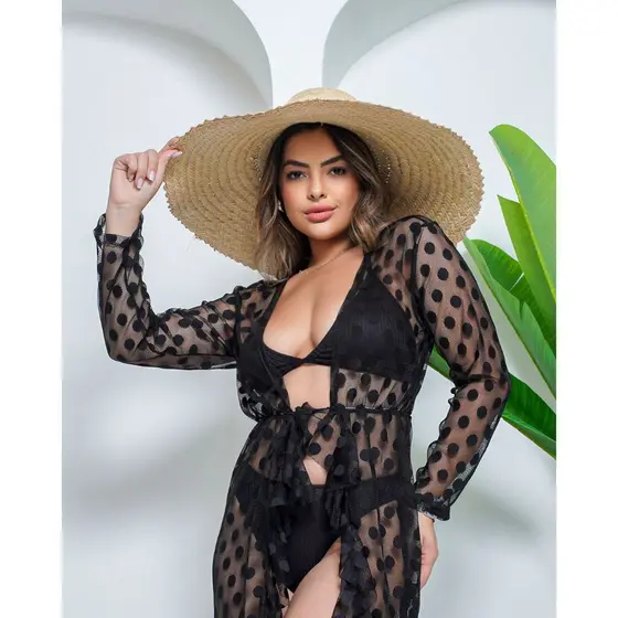 Kimono Longo + Biquini Saida de Praia Bolinha Tule Elegante