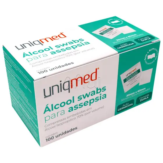 Álcool Swab 70% Saches 100 un Lenços Umedecidos para Assepsia Dupla Camada