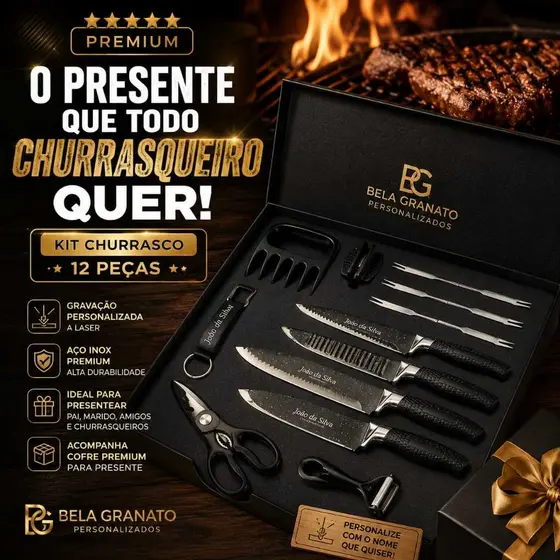 Kit Churrasco Personalizado 12 Peças Aço Inox Presente Gravação Laser Premium