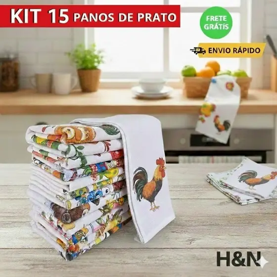 Kit com 15 Panos de Prato 100% Algodão | Pano de Cozinha Absorvente e Resistente