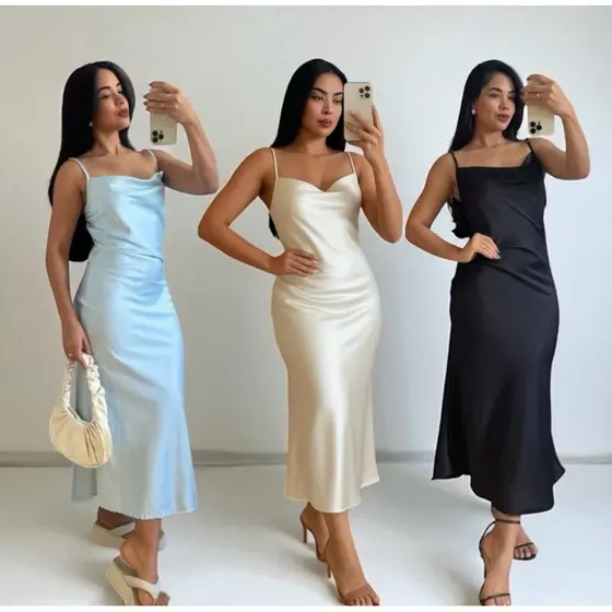 Vestido Midi Feminino Cetim - Moda Elegante Alça Fina Regulável Tendência 2025