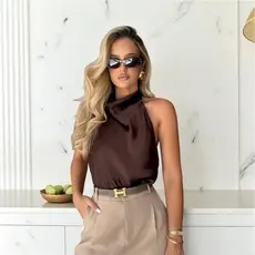 Blusa Frente Única Feminina Acetinada Gola Alta Elegante – Festa, Casual e Trabalho