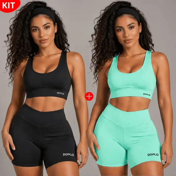 Kit 2 Conjuntos Academia Fitness Short e Top Cintura Alta Suplex Premium Sem Transpar锚ncia