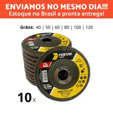 Kit Jogo 10 Discos Flap Inox Desbaste 4 1/2 x 7/8" Fertak Grão 40 50 60 80 100 120 para lixadeira Escolha O Grão