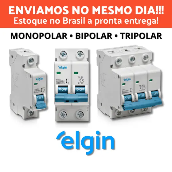 Disjuntor Elgin DIN Curva C 6A a 63A Monopolar Bipolar Tripolar Quadro Luz Chuveiro Ar Condicionado