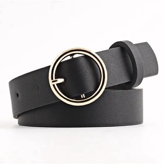 Cintos Cinto feminino couro largo preto redondo Basico Fivela Redonda cor prata