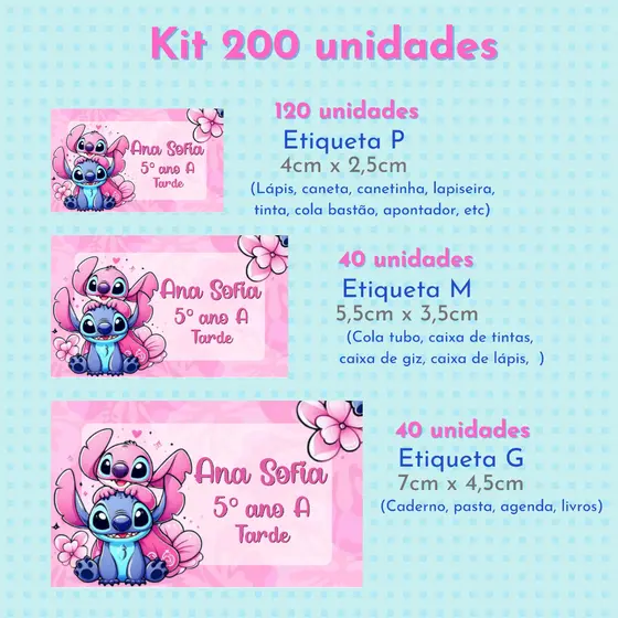 Etiquetas Escolares Stitch e Angel Rosa | Volta às Aulas | Material Escolar | Etiqueta para Lápis Caneta Caderno