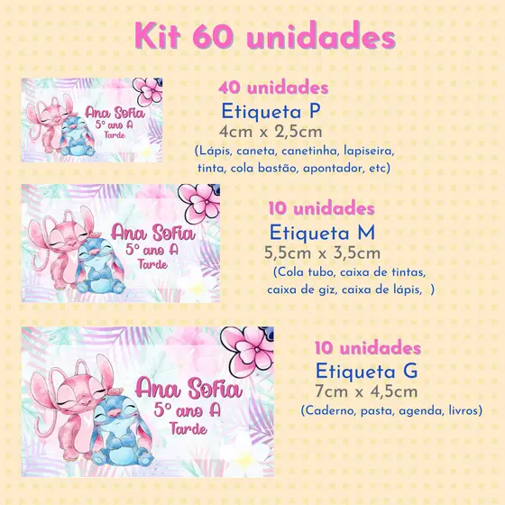Etiquetas Escolares Stitch e Angel Aquarela | Volta às Aulas | Material Escolar | Etiqueta para Lápis Caneta Caderno