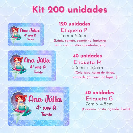 Etiquetas Escolares Ariel Pequena Sereia | Volta às Aulas | Material Escolar | Etiqueta para Lápis Caneta Caderno