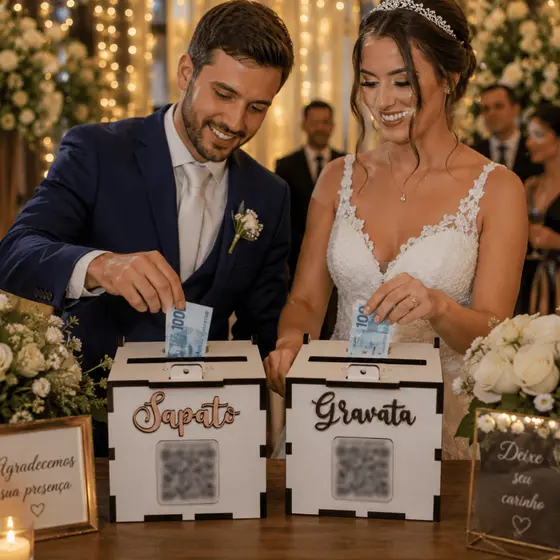 Caixa Para Casamento PIX Gravata Sapato Lua De Mel Cofre Noivos Dinheiro Festa