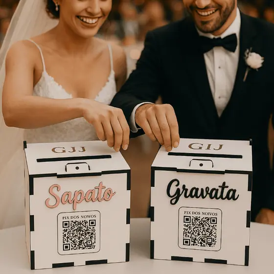 Kit Hora da Gravata Casamento Cofre Pix Noivo Lua De Mel Sapatinho Da Noiva Com Qrcode