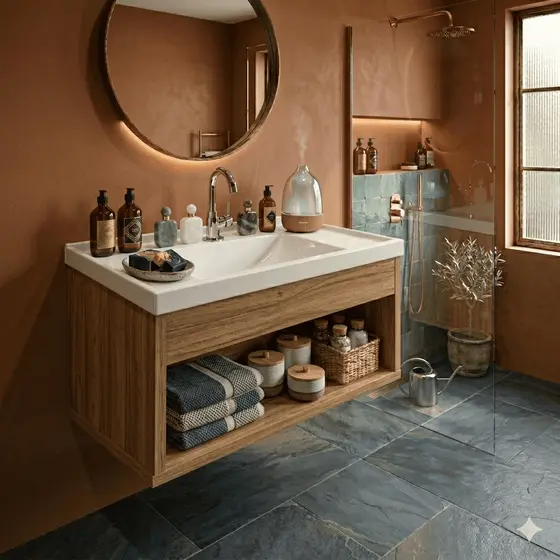 Gabinete para Lavabo Amadeirado MDF – Estilo Boho Chic com Cuba Branca e Nicho Decorativo