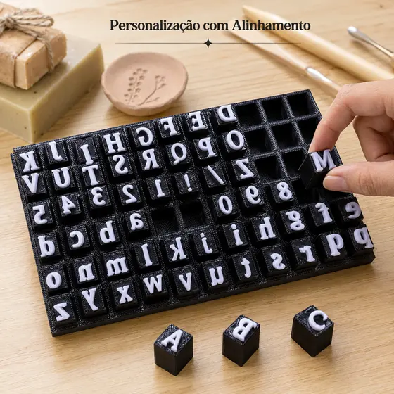 Carimbo Tipográfico Modular Alfabeto Móvel Letras Números Kit Personalização Artesanato Saboaria Cerâmica