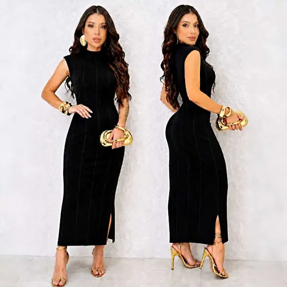 Vestido Longo Casual Básico Feminino Ribana Canelada Manga Muscle com Fenda Lateral - Moda Gringa, Plus Size e Gestante