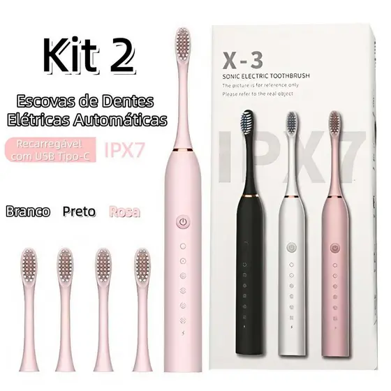 Kit 2 Escova de Dente Elétrica Automática Recarregável Type-C IPX7 Cerdas Macias para Adulto Criança