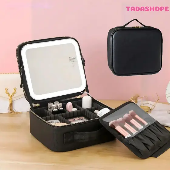 Maleta de Maquiagem Necessaire De Couro Com Espelho Led - ZALLUNA SC