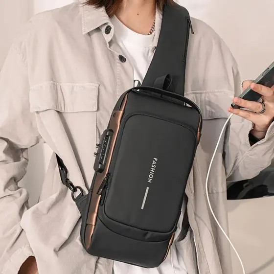 Bolsa Masculina Pochete Transversal Com Senha Anti-Roubo Carregamento USB