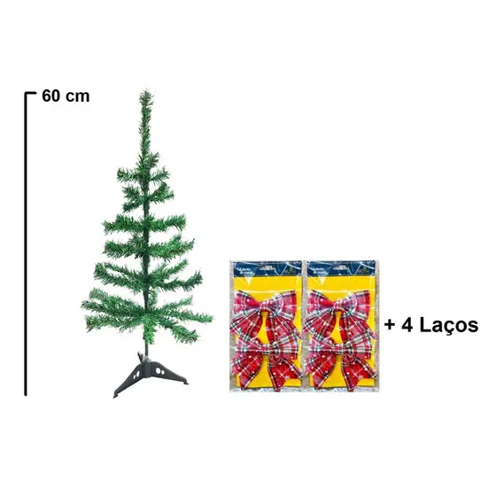 kit 1 Mini Árvore Para Mesa Pinheiro Natal Verde 60cm 35 Galhos + 4 Laços - ZALLUNA SC