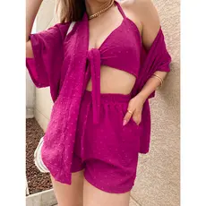 Conjunto 3 pc Feminina (kimono+short+cropped) Liso ( tecido detalhado Duna ) . tamanho unico veste 40
