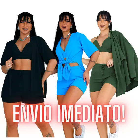 Conjunto Kimono Feminino 3 Peças Short+Cropped +Blusa Short Cintura Alta Lindas Cores