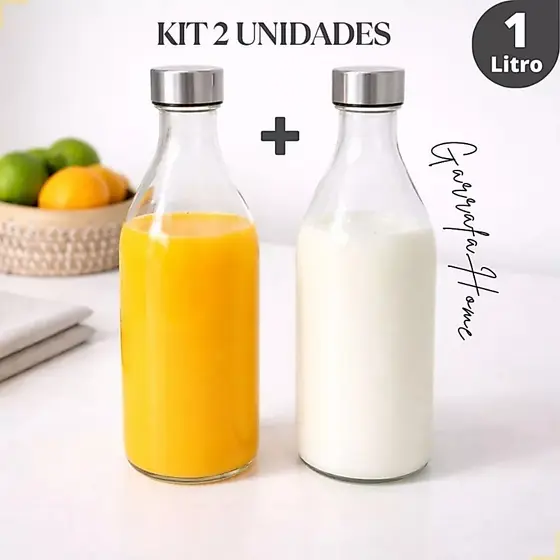 2 Garrafas de Vidro 1L com Tampa Inox para Geladeira Água Suco Cozinha Transparente