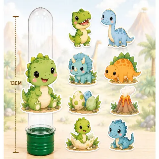 20 Tubete Acrílico 13cm com aplique 3D - Tubete para lembrancinha- Tubete Dinossauro