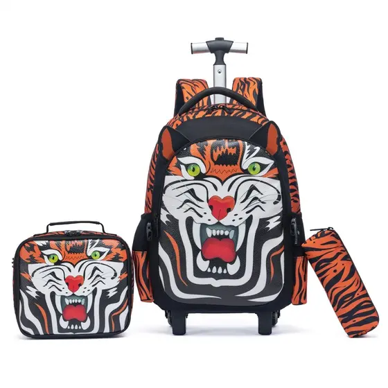 Kit Mochila de Rodinha Infantil Lancheira Térmica Estojo Tigre